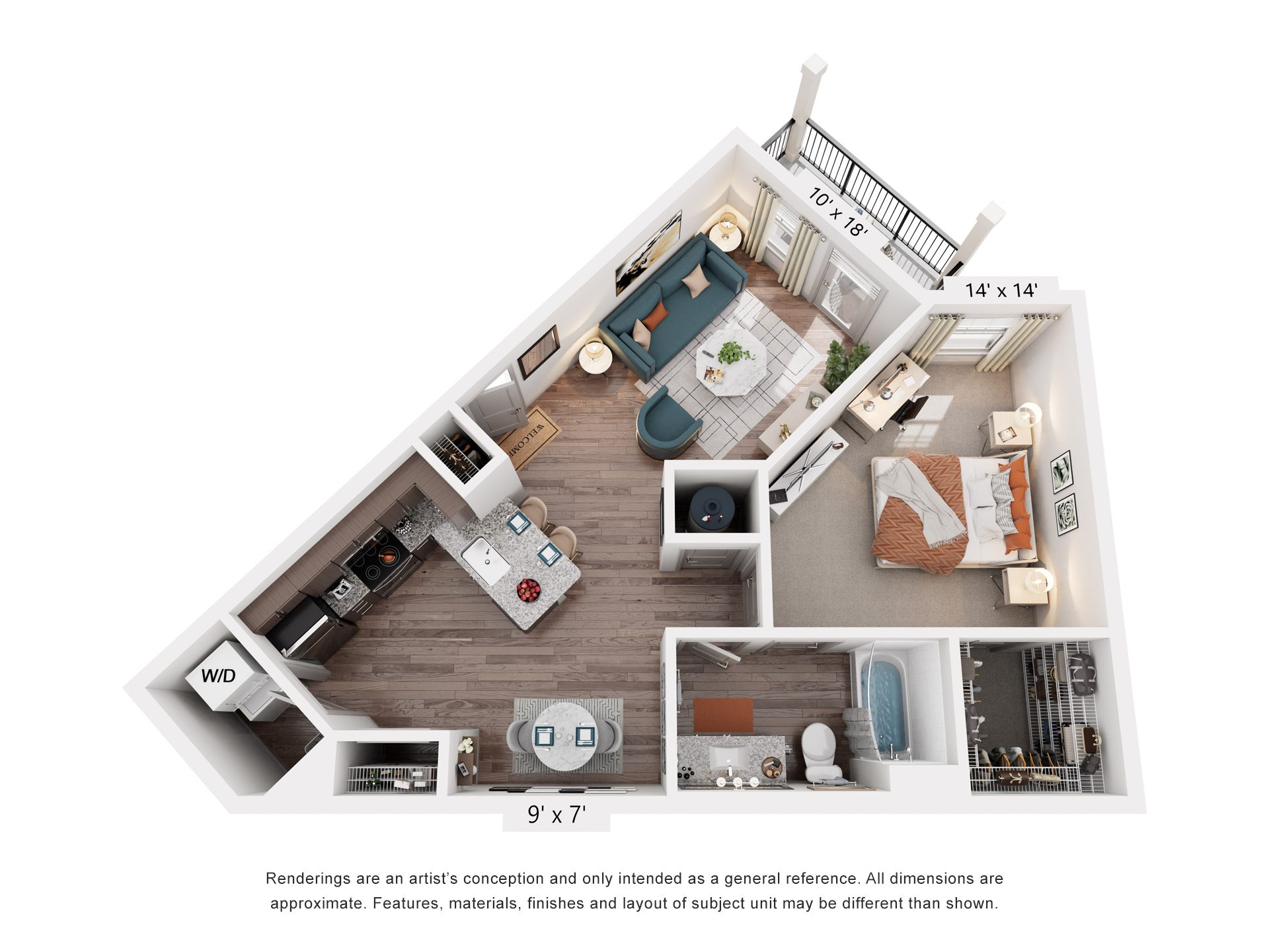 Floor plan for 1 bed, 1 bath, 743 sqft